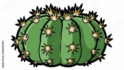 A green, ribbed cactus with sharp yellow spines and a black outline