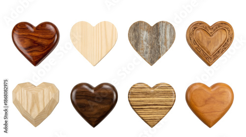 Wooden heart set including carved, polished, geometric, and natural grain textures isolated. Craft and romantic decor collection.