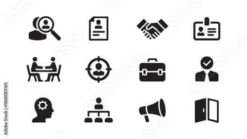Human resources and recruitment icon set featuring headhunting, resume CV, handshake, ID card, interview, target, briefcase, hired candidate, skills gear, organization chart, and megaphone.