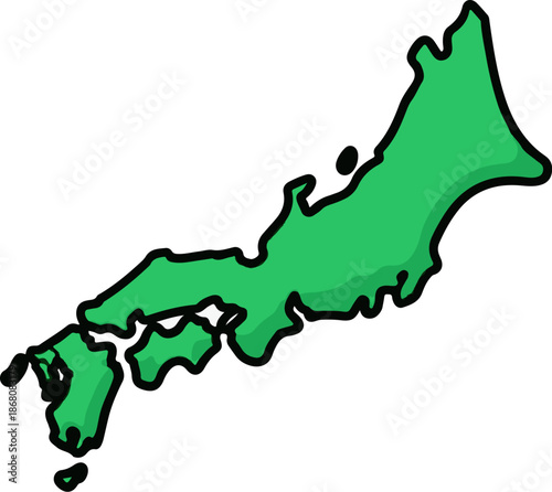 A green, stylized map outline of an island nation with a thick black border