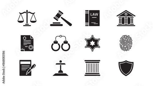 Law and justice system icon collection featuring scales of justice, gavel, law book, courthouse, legal contract, handcuffs, sheriff badge, fingerprint, police shield, witness stand, and pen.