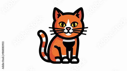 A cute, cartoonish orange and white tabby cat sits patiently, its tail curled