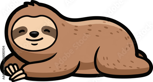 A cute, cartoonish sloth lies down with a relaxed smile and eyes closed
