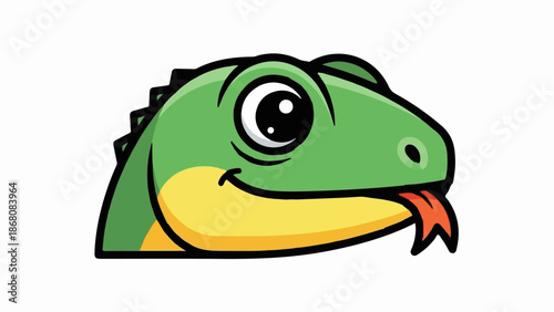 A cute, cartoonish green lizard peeks from the side, with a yellow chin and red, forked tongue