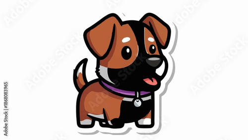 A cute, cartoonish, brown and black dog with a purple collar stands happily