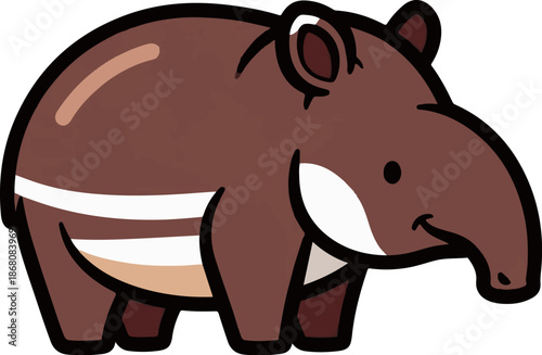 A cute cartoon tapir with a brown body, white stripes, and a trunk