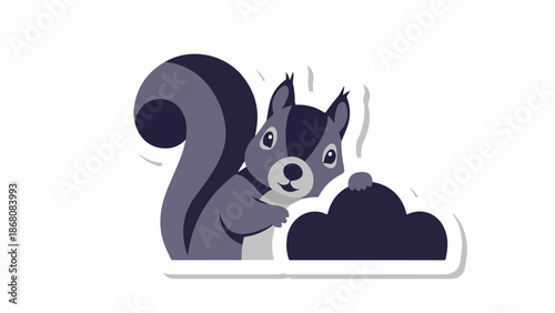 A cute cartoon squirrel with a bushy tail peeking from behind a dark cloud