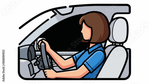 A person drives a car, hands on the steering wheel, looking forward