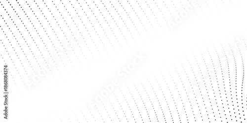 Flowing dots particles wave pattern 3D curve halftone black gradient curve shape isolated on white background.