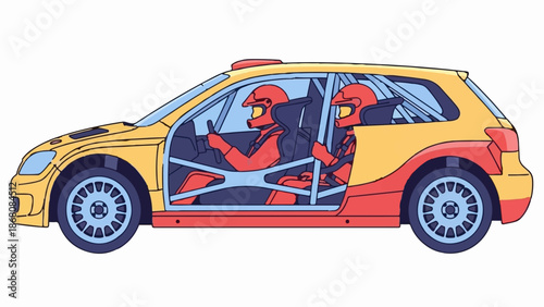 A graphic illustration of a two-person race car with drivers in red racing suits and helmets