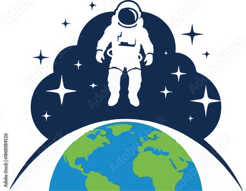 A graphic of an astronaut floating in space above the Earth with stars