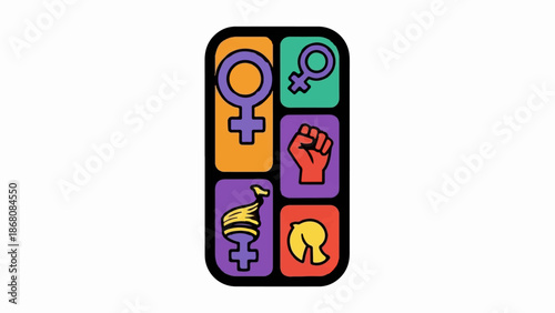 A graphic of feminist symbols in colorful squares