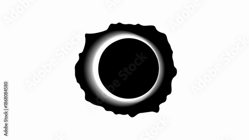 A graphic representation of a solar eclipse with a dark central disc and a bright, glowing corona