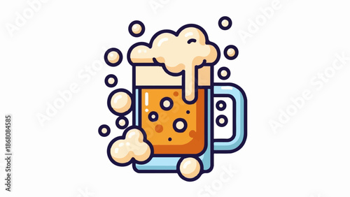 A foamy mug overflowing with amber beverage and bubbly accents