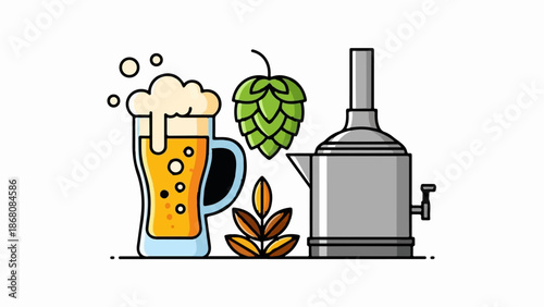 A foamy golden beverage in a glass, accompanied by hops, barley, and a distilling apparatus