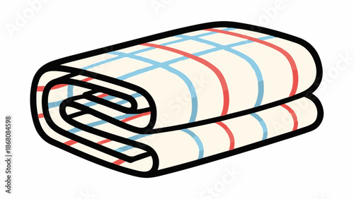A folded beige blanket with a red and blue plaid pattern