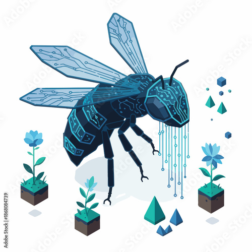 Digital Bee Pollinating Data Flowers in a Futuristic Ecosystem.