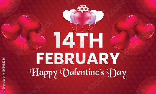 14 February Valentine s day celebration with heart shaped balloons and festive red background