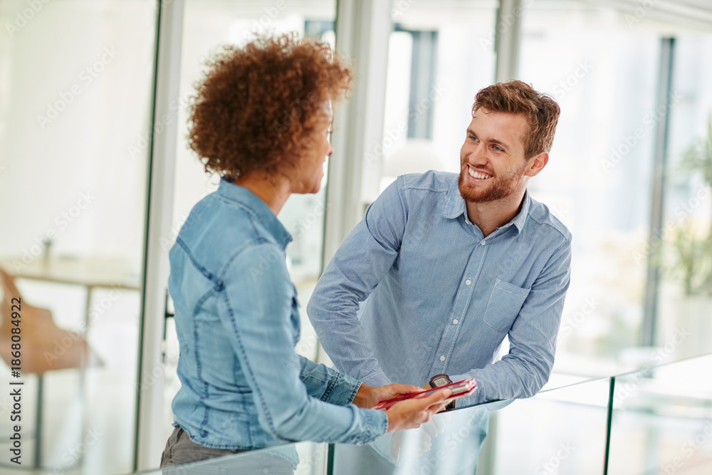 Obraz premium Discussion, smile and business people in office, media agency and planning for creative proposal. Journalist, happy man and woman in workplace, conversation or ideas for column submission or feedback