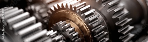 Close-up of interlocking gears showcasing intricate metalwork and precision engineering in motion, emphasizing mechanical design and functionality.