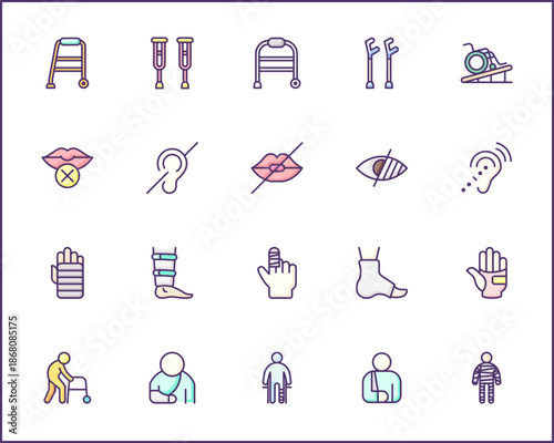 Set of Disability People Pictograms Icons. Contains such Icons as Disabled health care, medical tools, equipment stick figure, crutches, wheelchair, cane, electric wheelchair, power scooter