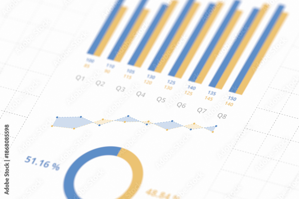 Obraz premium Data visualization market share and growth trends, blue and yellow financial bar charts line graphs donut chart isometric selective focus