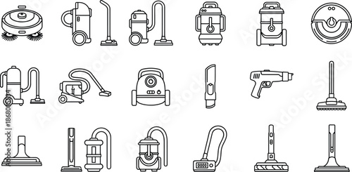 Set of vacuum cleaner icons including robotic, upright, handheld, wet dry models and accessories for cleaning technology and appliance design.