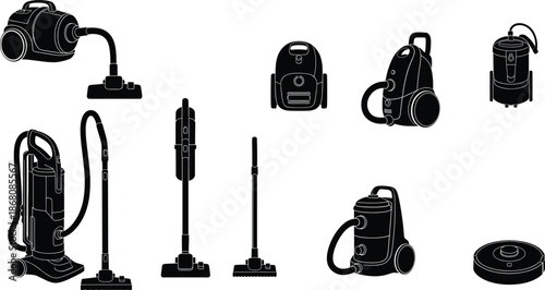 Set of Vacuum Cleaner Silhouettes Showing Different Types and Styles for Cleaning Equipment, Appliance Design, Marketing, and Product Categorization