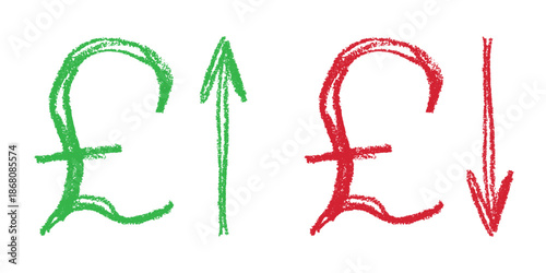 Hand drawn british pound currency symbol Growth and fall profit with arrow up and down Brush stroke doodle Element for design