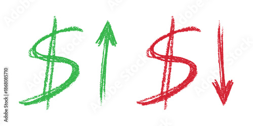 Hand drawn dollar currency symbol Growth and fall profit with arrow up and down Brush stroke doodle Element for design