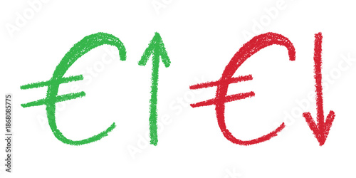 Hand drawn euro currency symbol Growth and fall profit with arrow up and down Brush stroke doodle Element for design