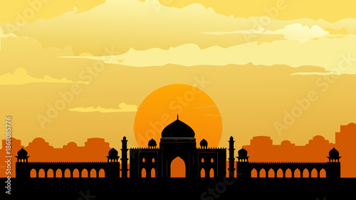 Serene panoramic landscape featuring a silhouetted architectural monument at sunset with warm