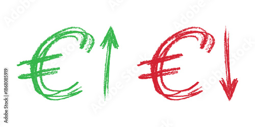 Hand drawn euro currency symbol Growth and fall profit with arrow up and down Brush stroke doodle Element for design