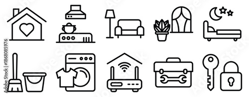 Domestic icon set line style illustrating household daily life home activities and living essentials for lifestyle and interior design.