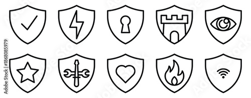 Shield icon set line style illustrating security protection safety privacy and defense concepts for digital and physical systems.