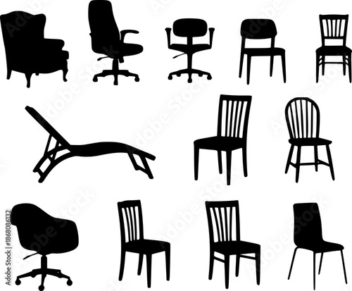 Set of various chairs and armchairs silhouettes. Vector illustration of furniture icons including office chairs, classic armchairs, dining chairs, and a sun lounger. Interior design elements isolated
