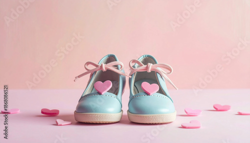 Wallpaper Mural Blue baby shoes with pink hearts on pink background for baby shower Torontodigital.ca