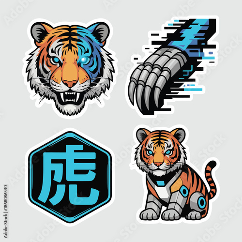 Cyberpunk Cyborg Tiger Sticker Sheet Set. Futuristic Robotic Animal with Mechanical Claw and Kanji Logo.