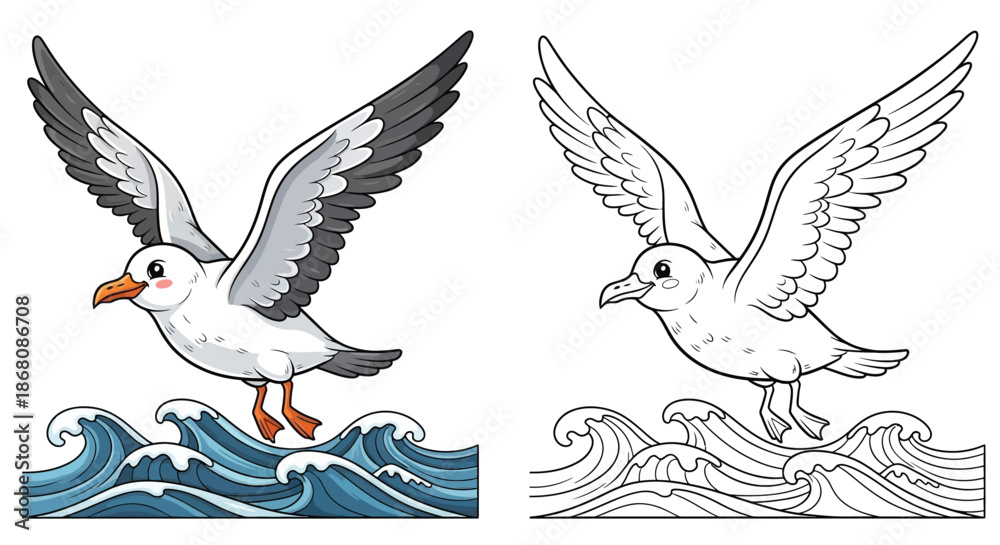 Obraz premium Seagull Standing on Ocean Waves With Outstretched Wings Illustration for Tattoo Design