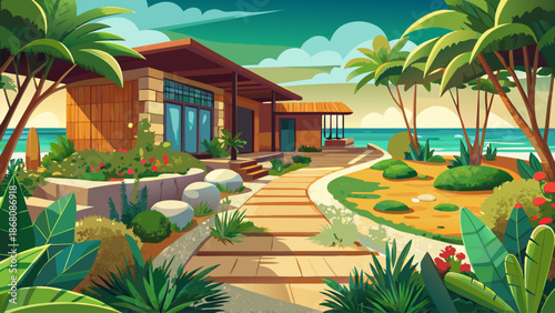 Eco-friendly beach villa yard with native plants and natural stone paths