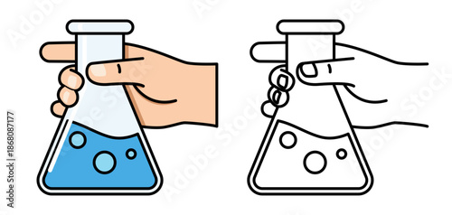 Hand holding laboratory flask icon set in color and outline style