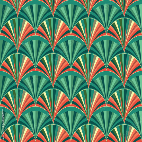 Elegant Art Deco seamless pattern with geometric fan and shell motifs in a vibrant retro color palette of teal, green, and coral tones.