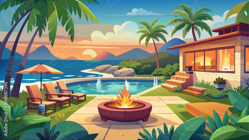 Cozy coastal villa backyard with fire pit and ocean waves in background