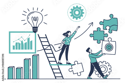 A vector graphic illustration of two people working together to solve a puzzle and achieve a bright idea