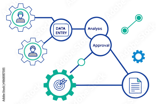 A vector graphic illustrating a workflow process with data entry, analysis, and approval