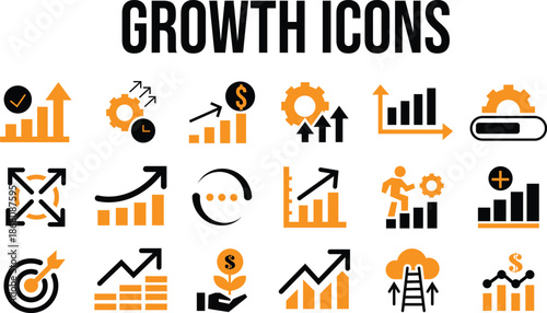 Collection of black and orange graphic icons representing various concepts of business growth financial progress and upward statistical improvement