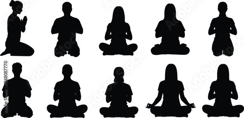 Silhouette meditation poses collection of seated yoga figures in mindfulness positions for wellness, spiritual practice, and relaxation design use.