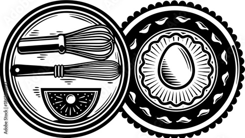 Vintage hand drawn vector illustration of an old clock, car, and engine featuring grunge rubber stamp icon symbols with a black ink circle seal design on a round print label tag