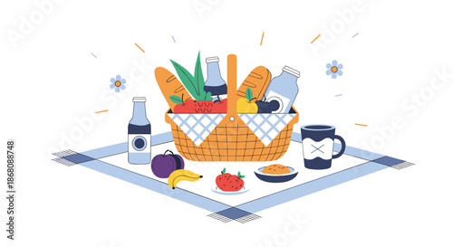 Picnic basket filled with bread, fruit, and bottles is placed on a blue blanket with outdoor elements like flowers and a coffee mug.