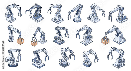 Diverse collection of robotic arm models for industrial automation is shown in an isometric view with detailed mechanical and electronic parts.